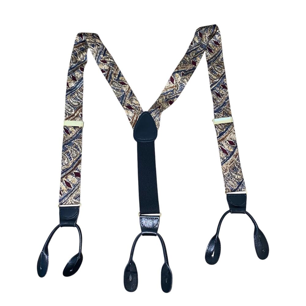 Vintage Y-Shaped Paisley Print Adjustable Suspenders leather button attachments